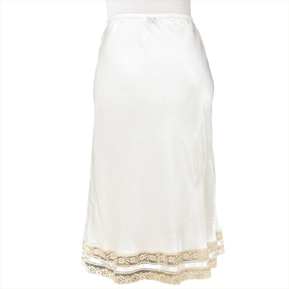 CHRISTIAN DIOR Vintage 70s Satin Half Slip White w/ Cream Lace Trim FAIR COND